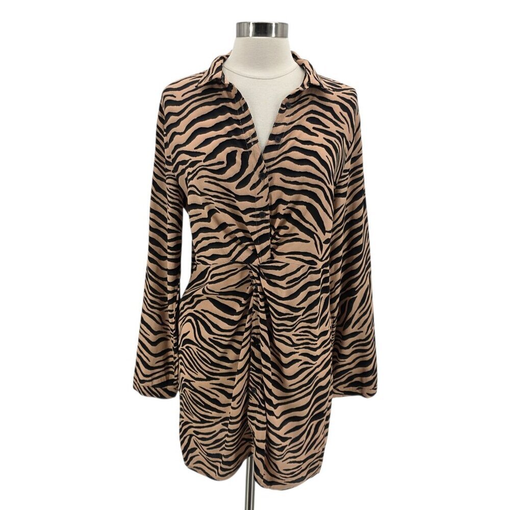 VICI Womens Medium Dress Animal Print Zebra Tan Black Button Mini Shirt Dress